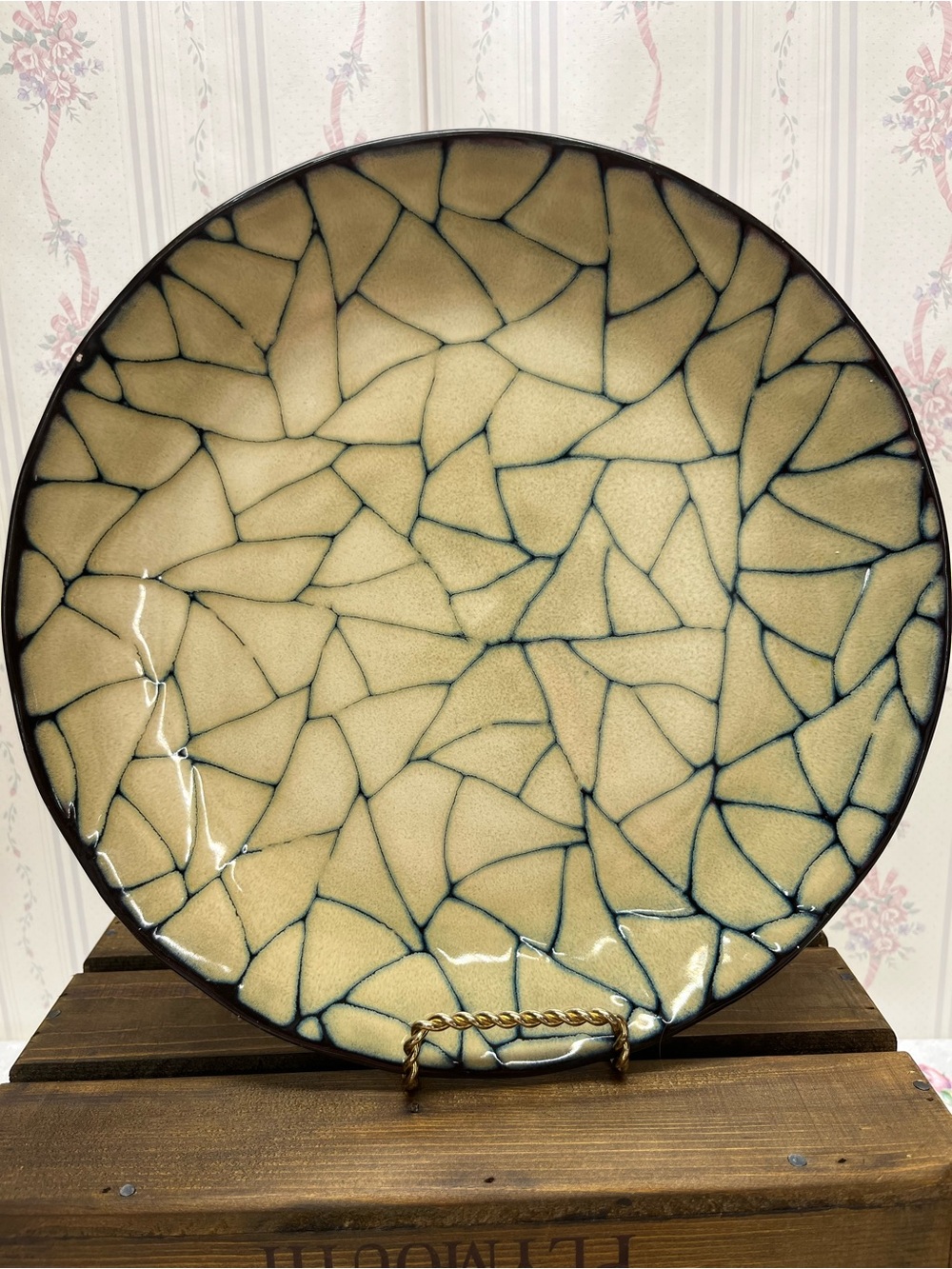 Handcrafted Ceramic Decorative Plate in Cream with Blue Crackle Detail Gibson